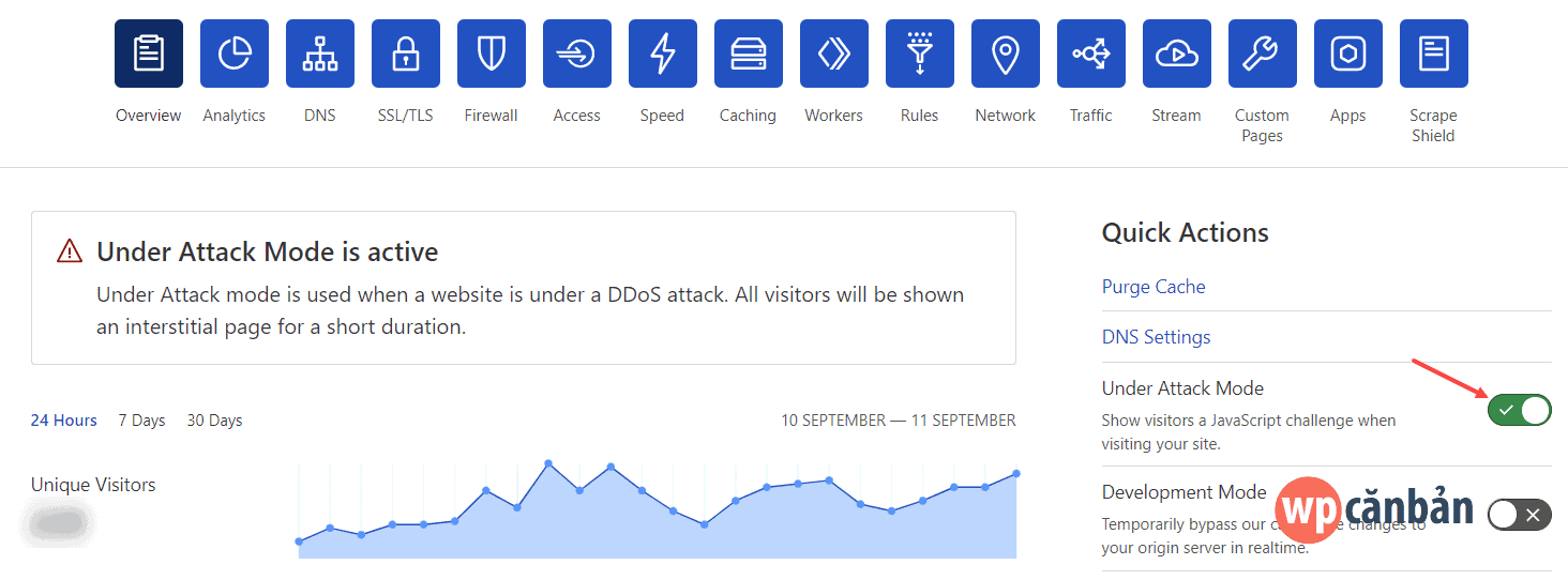 bật under attack mode trong cloudflare